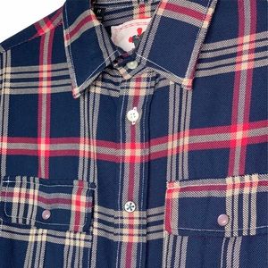 JACHS Long Sleeve Botton Down Shirt Navy Blue Red Beige Stripes size M